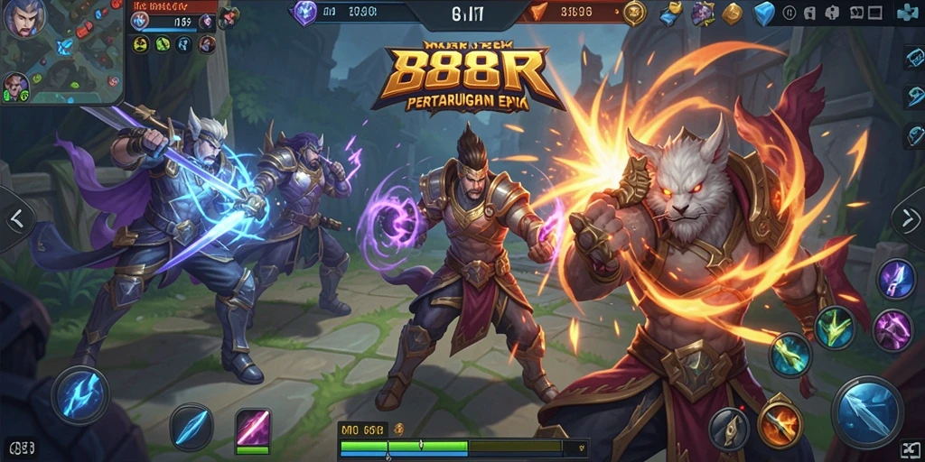 Tampilan aksi seru dalam pertarungan MOBA 888R.