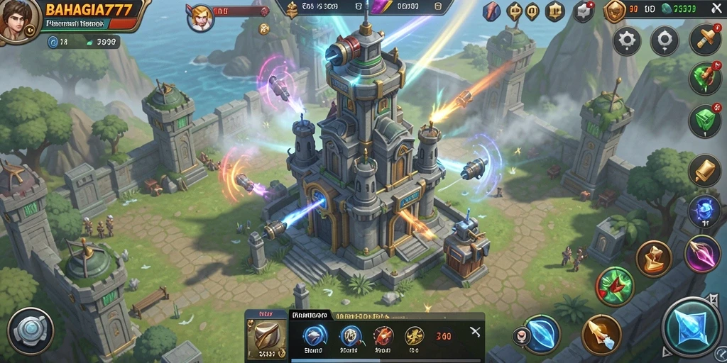 Tampilan gameplay BAHAGIA777 dengan menara yang berfungsi dan musuh yang menyerang.
