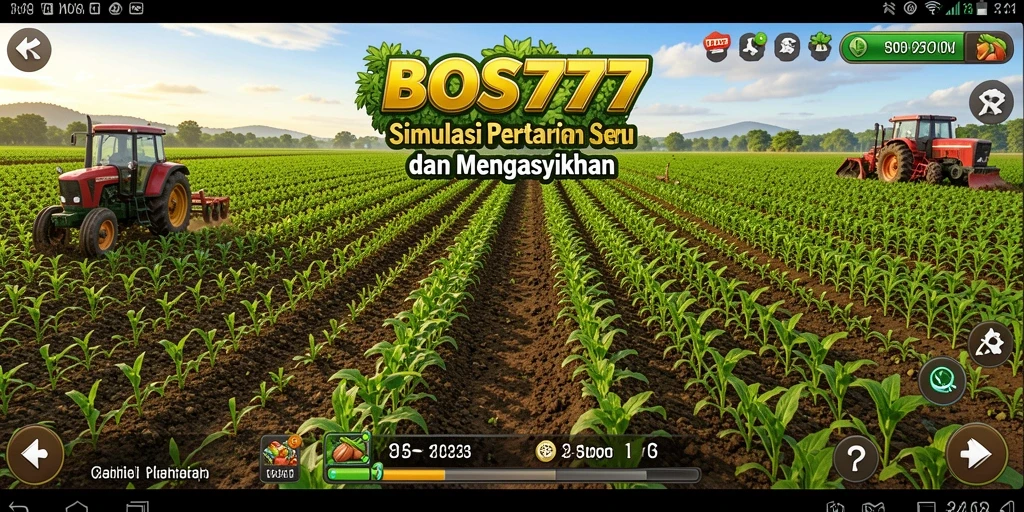 Tampilan gameplay BOS777 dengan ladang yang subur dan hewan ternak yang ceria.