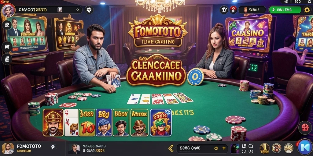 Screenshot dari gameplay FOMOTOTO menampilkan dealer langsung dan suasana kasino.