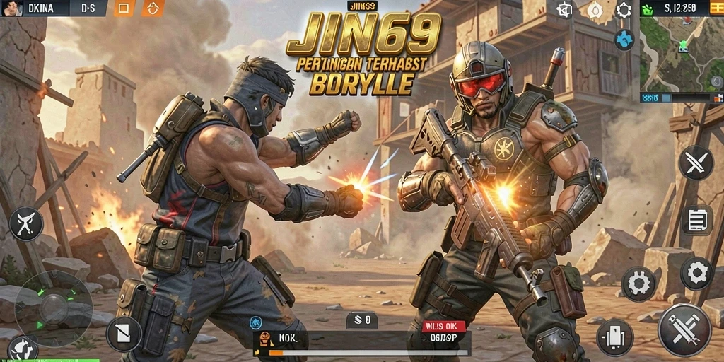 Tangkapan layar utama JIN69 menampilkan aksi intense dalam pertandingan Battle Royale.