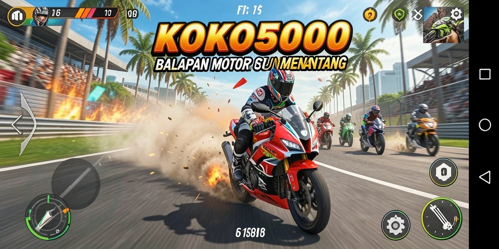 Tampilan gameplay KOKO5000 dengan balapan motor yang mendebarkan.