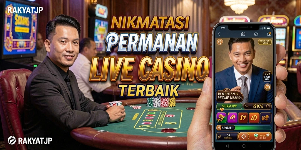 Screenshot RAKYATJP menampilkan dealer langsung dan permainan kasino yang mendebarkan.